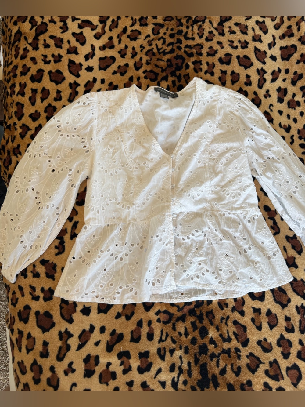 French Connection White Eyelet V-Neck Button-Front Blouse